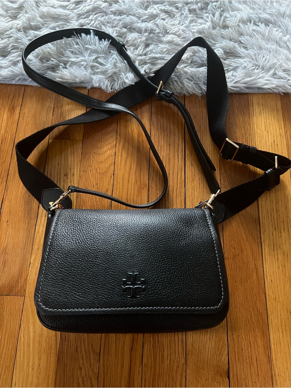 Tory Burch Black Pebbled Leather Crossbody with Gold Hardware